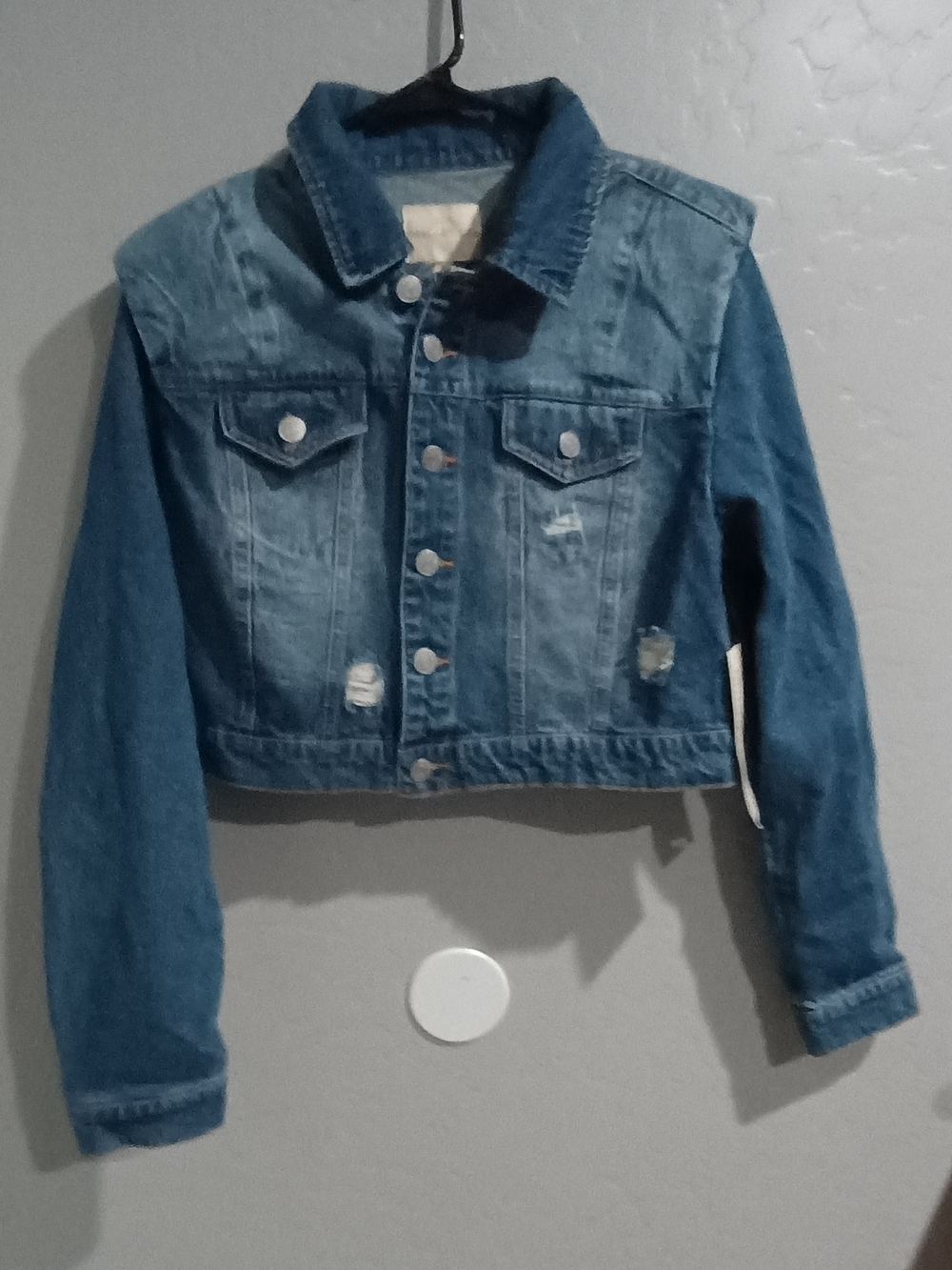 Madden Girl Medium Blue Cropped Distressed Denim Jacket